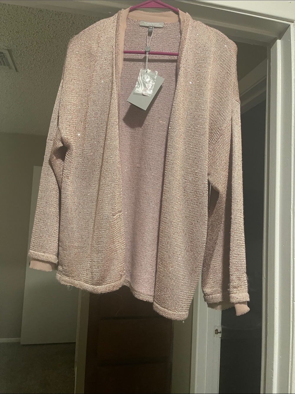 NWT Neiman Marcus Lilac Cashmere Sequenced Open-FrontCardigan Sweater - Size M